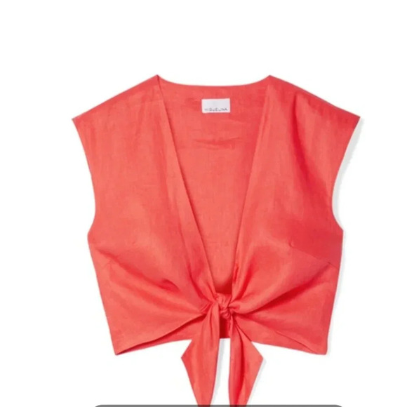 Miguelina Marcy Crop Top Cropped Tie Front Pure Linen Short Sleeve Red S Small - Picture 8 of 9